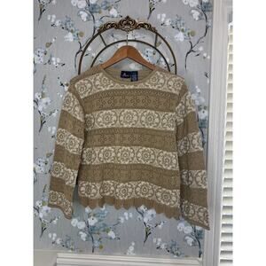Vintage LizSport Beige and Cream Striped Crewneck Sweater - Size S/M Petite